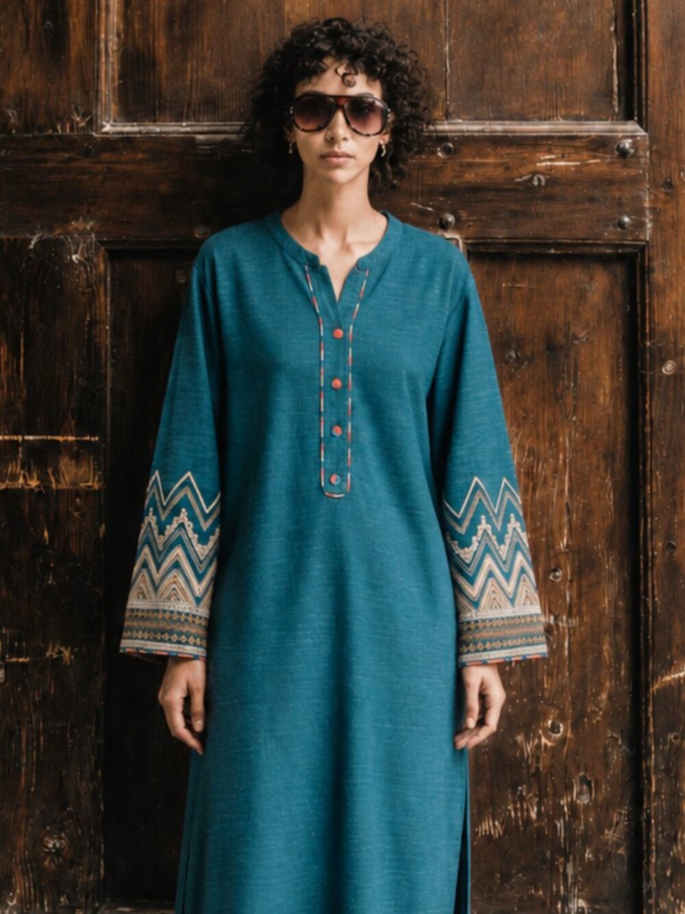 Ethnic Indie Knit Tunic Dress Metallic Thread Boho Chic Earthy Aesthetic